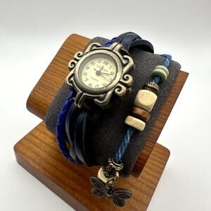 Tiedan Quartz Wrap Bracelet Watch Blue Leather Beads Butterfly Charm